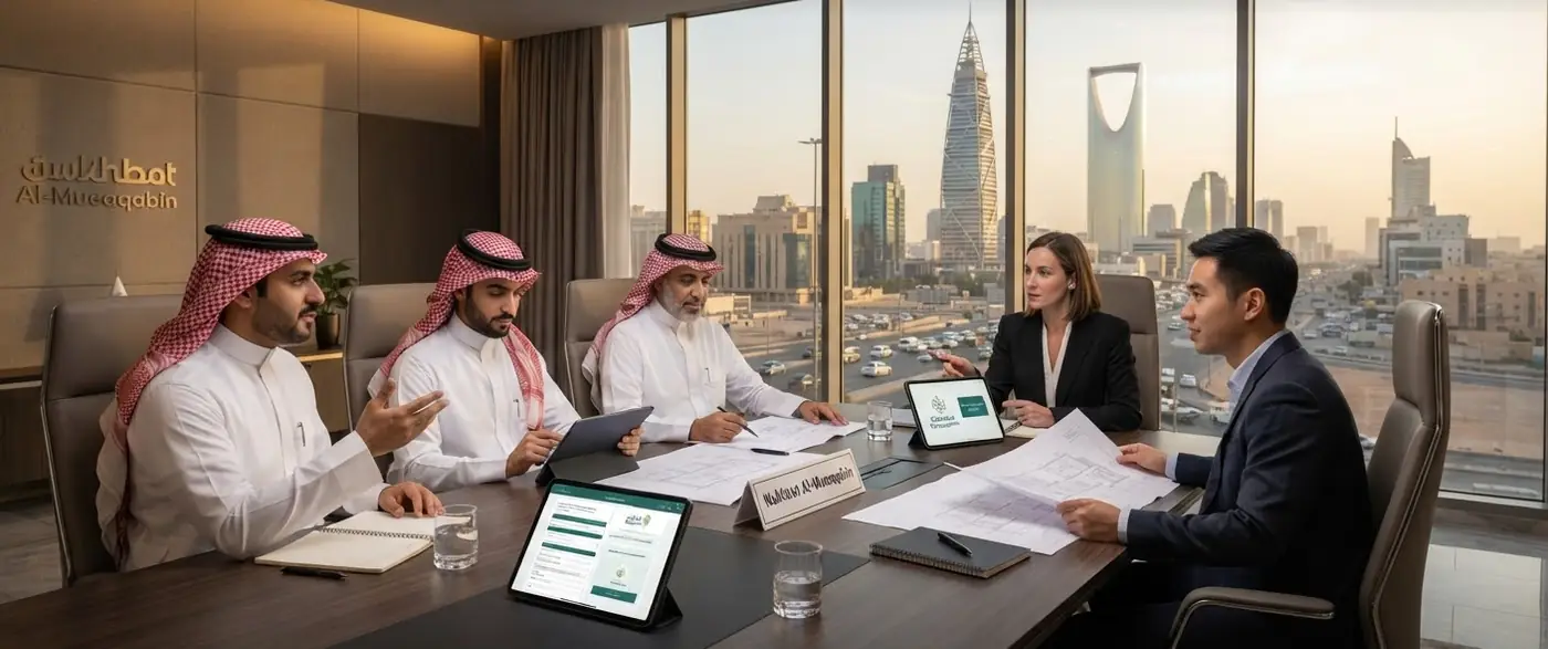 اجتماع عمل في قاعة مطلة على أفق مدينة الرياض